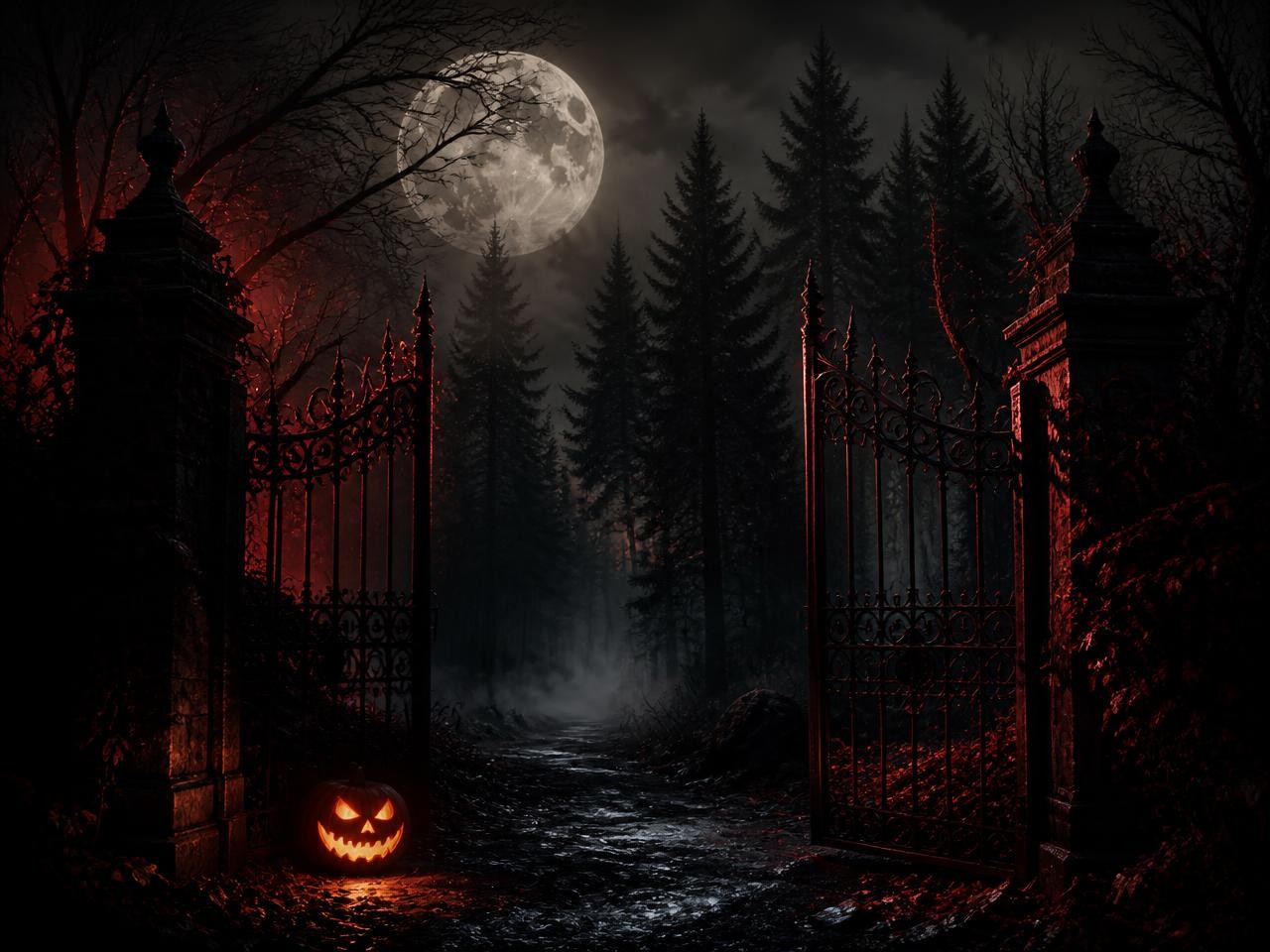 An open iron gate at the edge of a moonlit pine forest with a glowing jack-o-lantern